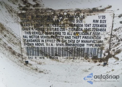 2005 Honda Odyssey Touring from USA, damaged, VIN 5FNRL38865B053398